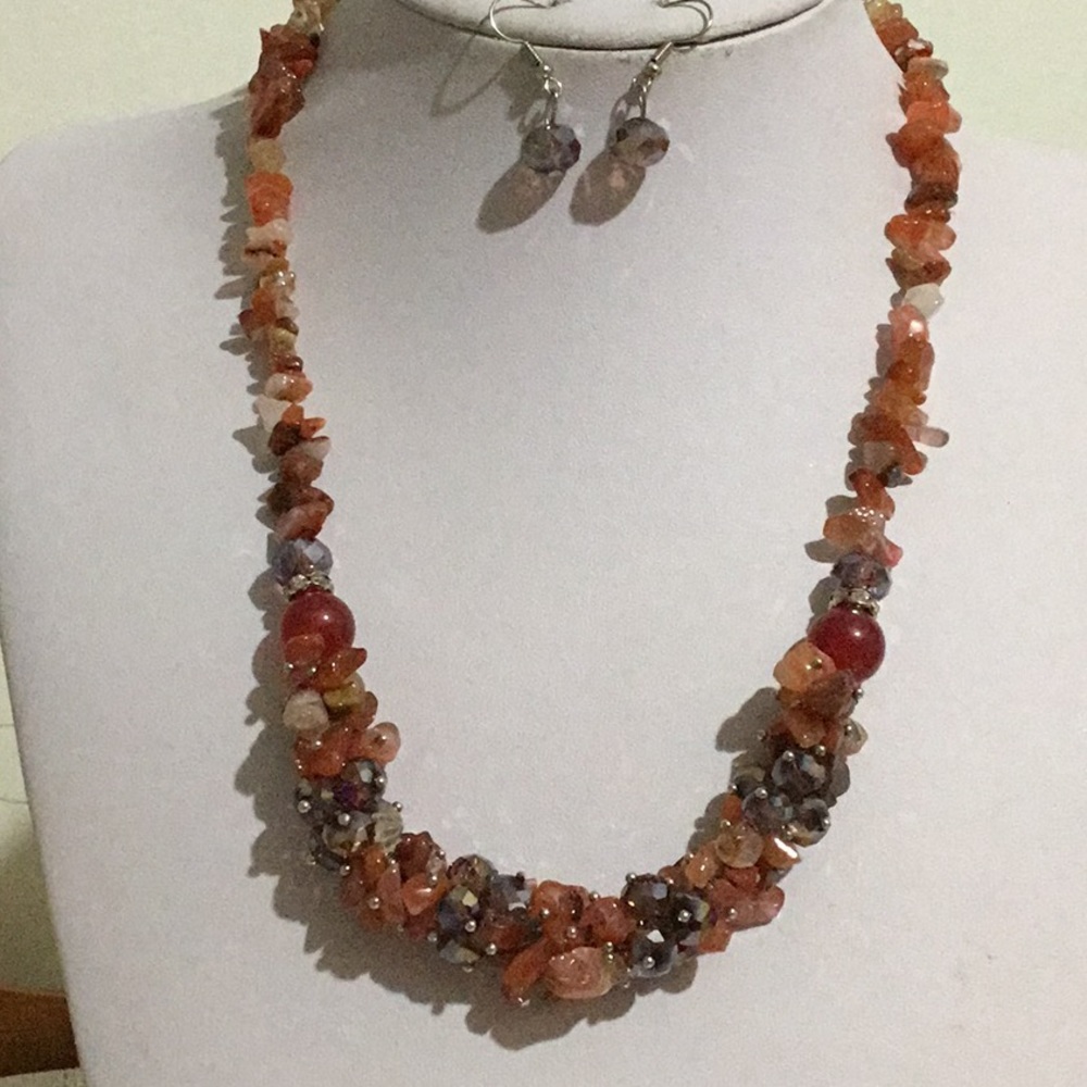 Multi agate stone chips glass bead necklace set